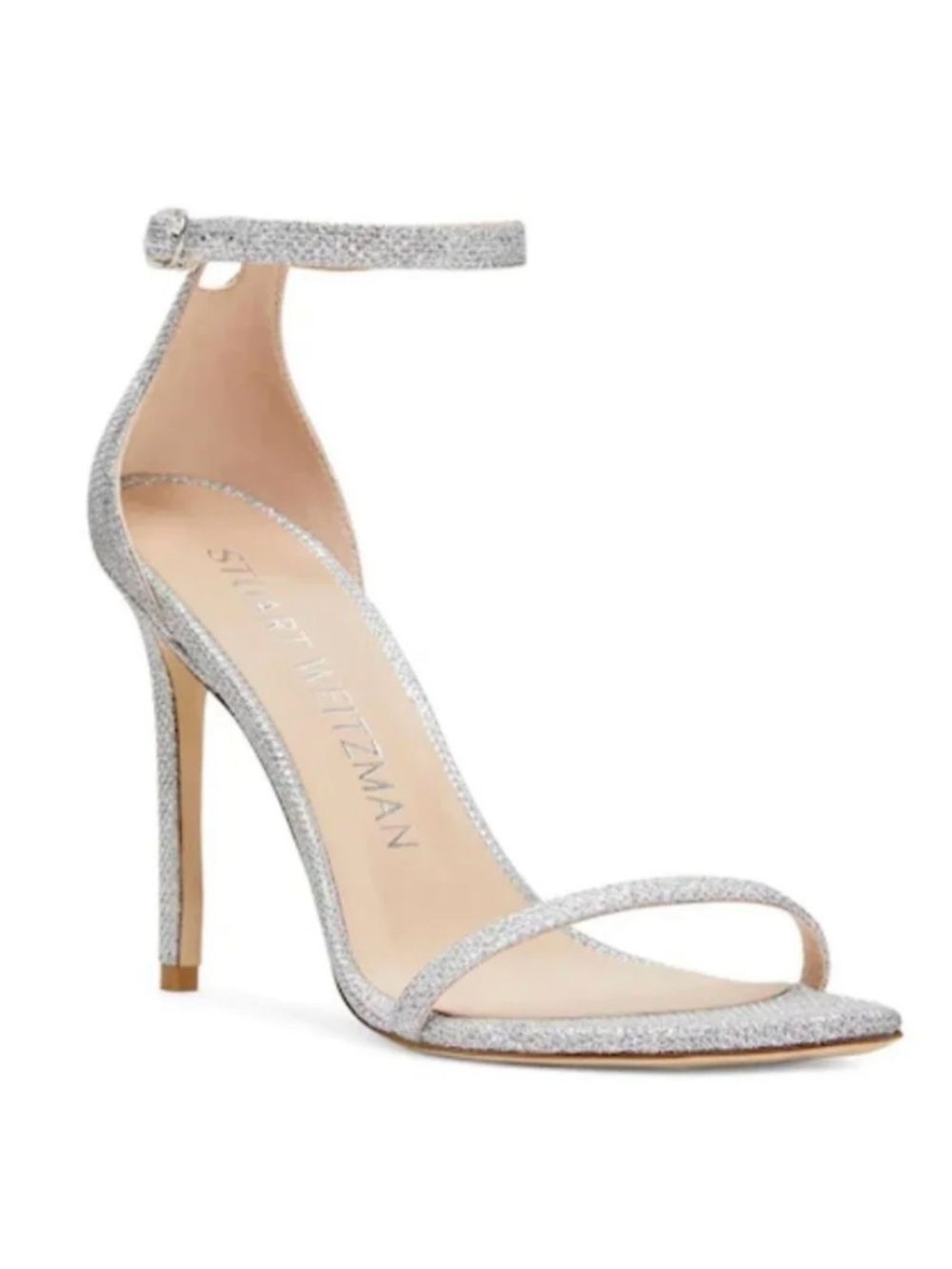 Stuart Weitzman nudist curve in crystaSilver Glitter Ankle-Strap Stiletto Sandal